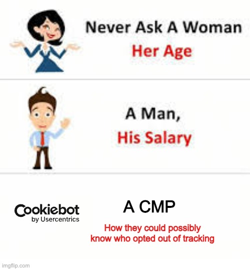 Meme: Never ask a woman her age, a man his salary, a cmp how they could possibly know who opted out of tracking